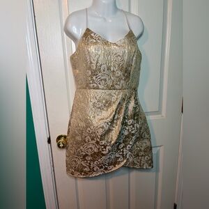 Lulus Gold Ivory Floral Metallic Mini A-Line Dress V-Neck Strappy Sleeveless S